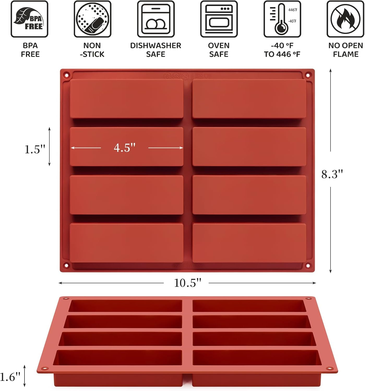 2 Pack Silicone Granola Bar Molds, 8 Cavity Rectangle Protein Bar Mold 