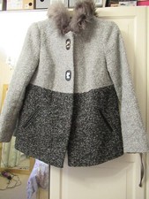 Atmosphere - Soft Boucle Knit Grey Lined Coat With Fur Trim Hood - Size 12