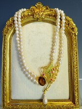 Fine Silver Gold Real Gem Set Dragonfly Double Pearl Necklace