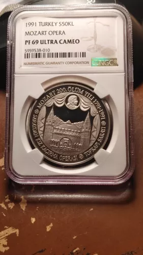 1991 Turkey Silver 50000 Lira Mozart Opera NGC PF69 Ultra Cameo Proof Rare  3604