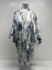 Samantha Chang Robe Kimono Satin Short Sleeve Lace Floral White Blue NO BELT OS