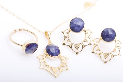 Türkische Handarbeit Schmuck Rundschliff Dunkler Saphir 925 Sterling Silber Gold Set