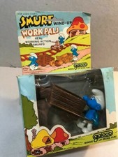 Vintage Smurf Wind up Work Pals in Original Box Pushing Cart Circa 1982