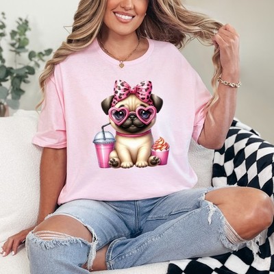 Süße Mops Herz Brille Damen ringgesponnen T-Shirt rosa Schleife Hundeliebhaber Geschenk für sie