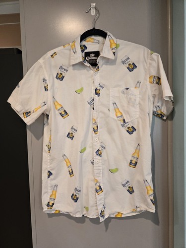 Corona Button Up Shirt Mens Med. White All Over Print Short Reverse ...