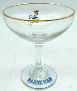 SINGLE 1970s BABYCHAM GLASS COUPE Gold Rim & Colourful Leaping Deer Logo