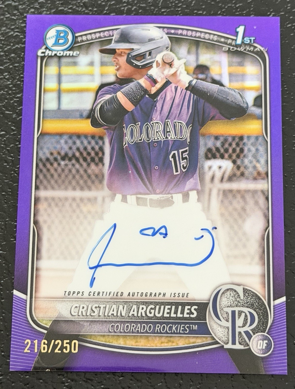 2025 Bowman Chrome CRISTIAN ARGUELLES Purple Refractor Auto /250 1st - Rockies🚀 view 3