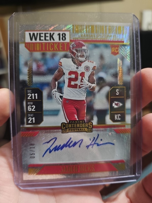 Jaden Hicks Auto 2024 Panini Contenders 5 /18 Chiefs Week 18 Ticket 