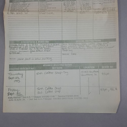 Pulp Fiction Production Used Call Sheet - Coffee Shop Final Scene, Movie Prop - 第 5/13 張圖片