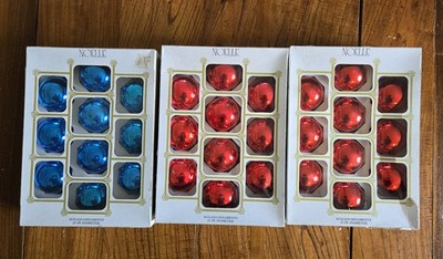 Vintage Christmas Noelle Bright Red & Blue Glass Ball Ornaments 3 BOXES TOTAL 30