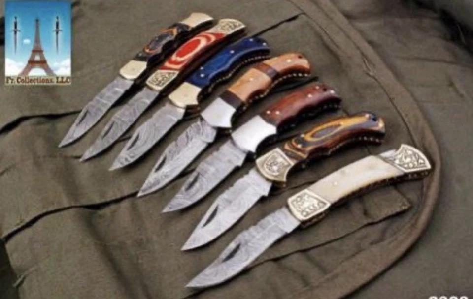 Couteau De Poche Pliant La Lame Damas Avec Étui Cuir - Photo 1/4