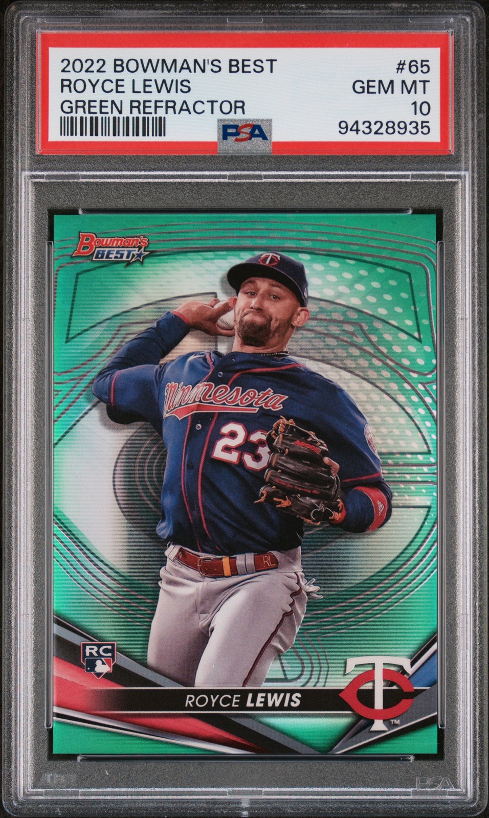 2022 BOWMAN'S BEST GREEN REFRACTOR #65 ROYCE LEWIS ROOKIE RC 24/99 PSA 10