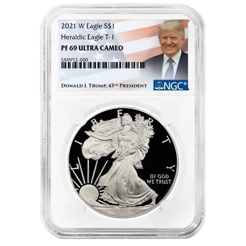 2021-W Proof $1 Type 1 American Silver Eagle NGC PF69UC Trump Label