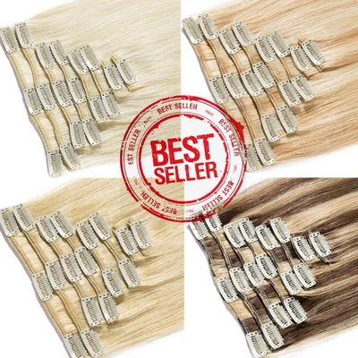 REMY Echthaar Clip In Human Hair Extensions 8 Tressen Haarverlängerung Dick Lang - Bild 1 von 4