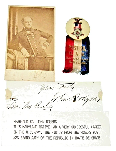 Civil War CDV ADMIRAL JOHN ROGERS, USN, CUT SIGNATURE, GAR ROGER'S POST #28 PIN