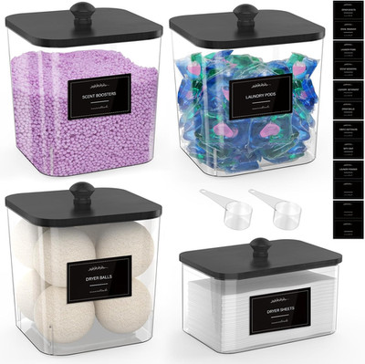 3+1 Pack Clear Laundry Pods Container & Dryer Sheet Holder, Plastic Square Laund