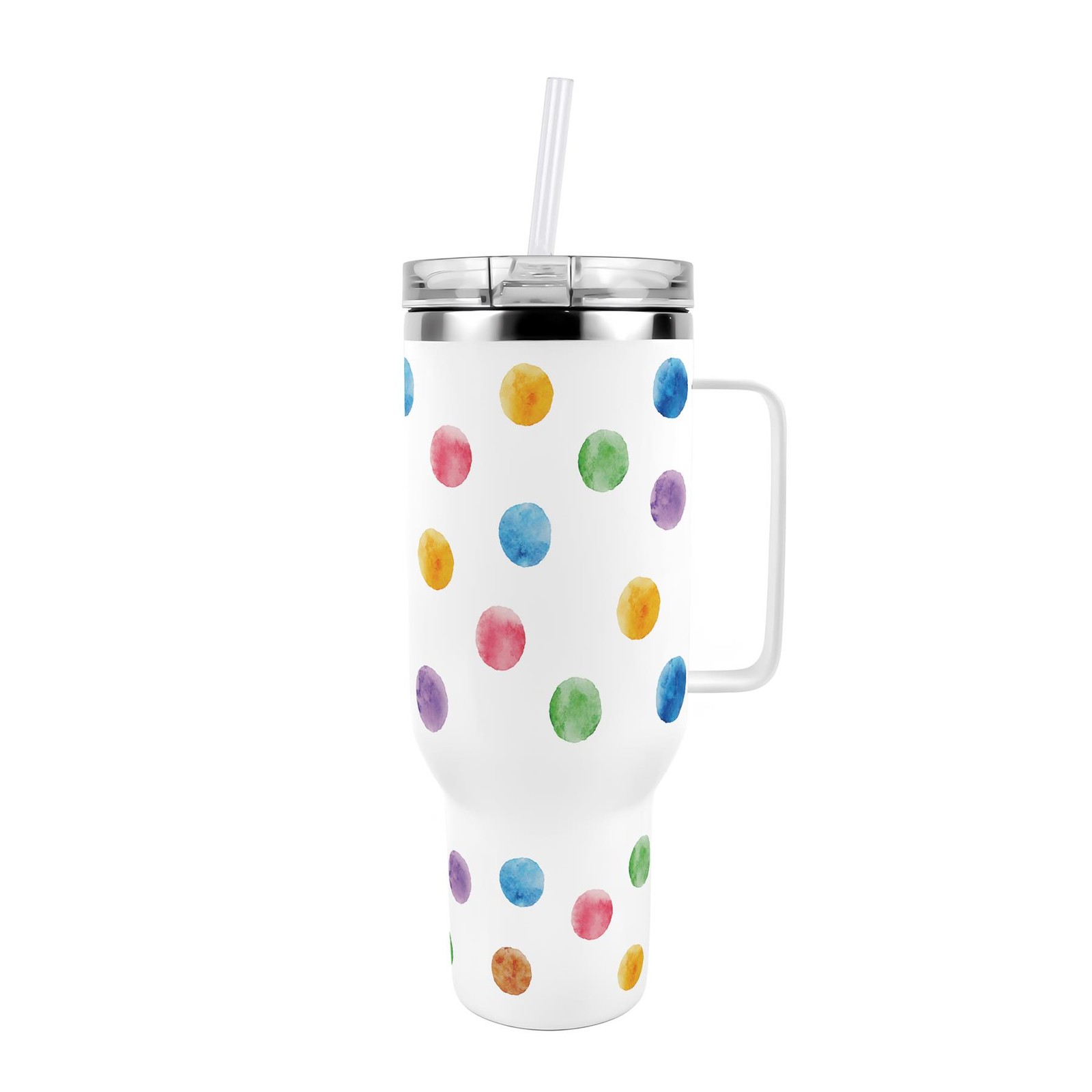 40oz Stainless Steel XL Travel Cup with Straw and Lid - Multicoloured Polka Dots