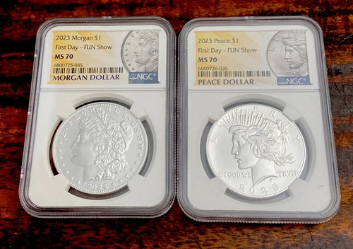 2023 $1 Morgan & Peace Silver Dollar Set NGC MS70 First Day  of Issue Fun Show