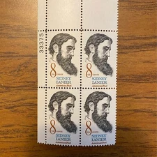 1972 8c Sidney Lanier, American Poet Mint Stamp Plate Block #1446