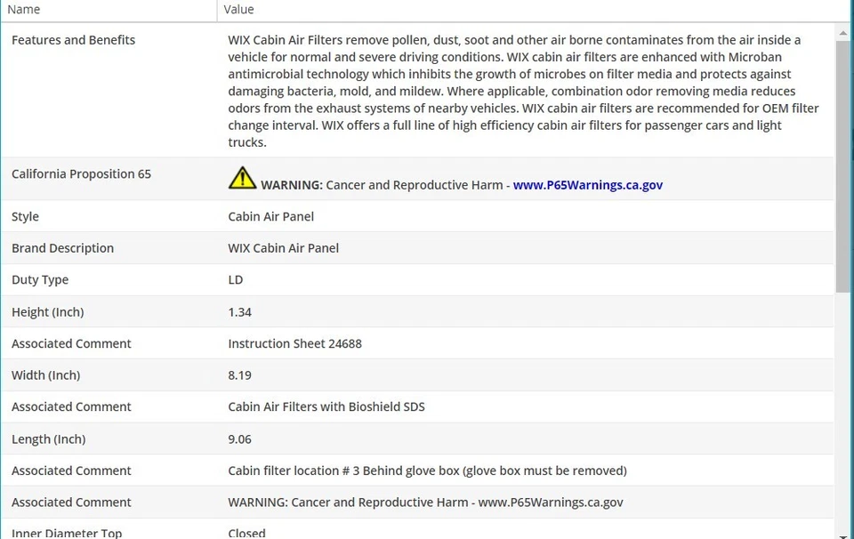 Filtro de aire de cabina WIX PEUGEOT GRAND RAID 2007-2012 L4-1,6 L Foto 3 de 4