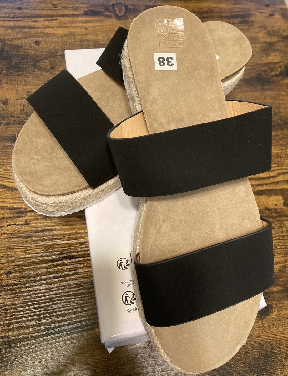 Open Toe Slip On Espadrille Black Faux Suede Strappy Sandals Size