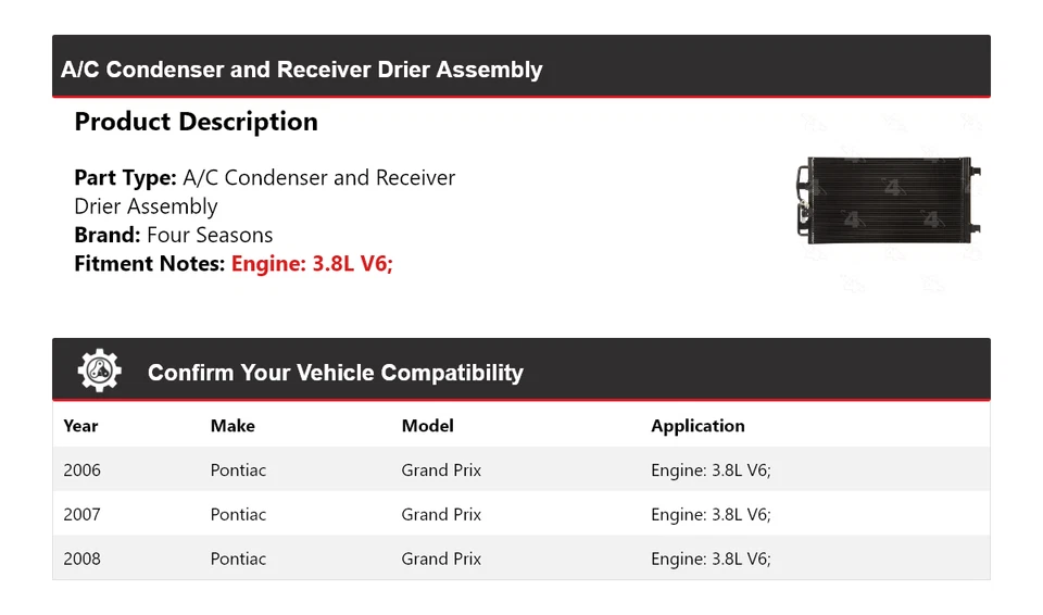 Conjunto de secador receptor condensador de CA para Pontiac Grand Prix 2006-2008 4 temporadas Foto 2 de 4