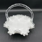 Vintage Silver Crest, Milk, Glass Basket With Ruffled Edge And Clear Handle