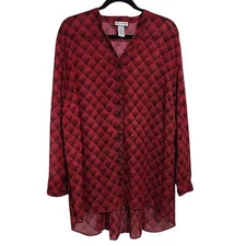 Catherines top red black & metallic sheer longsleeve button up 3X