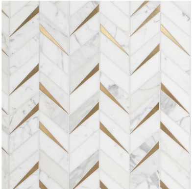 Calacatta 13.3'' x 10.82'' Polished Marble &  Brass Mosaic Wall Tile- 0.99 sq. ft.