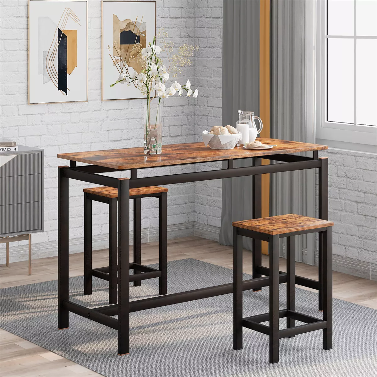 Breakfast Bar Table and 2 Stools Dining Table and Chairs Set Kitchen Furniture