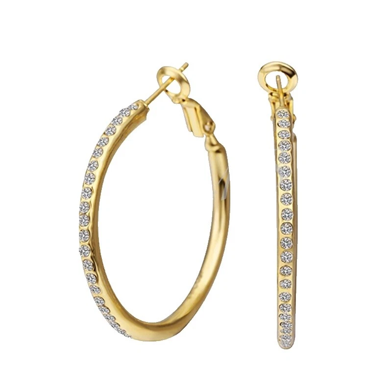 Модные серьги кольца покрытые желтым золотом с хрусталем