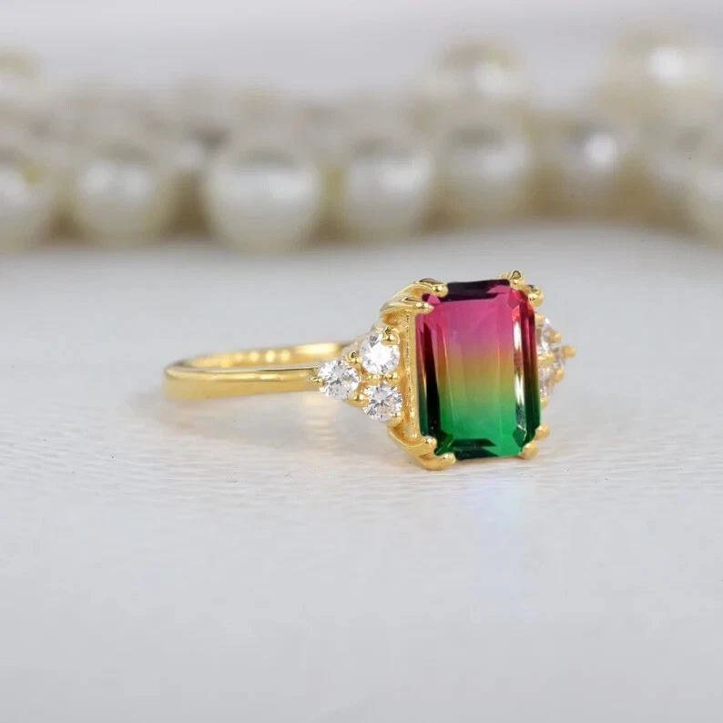 Anillo de compromiso biturmalina natural enchapado en oro de 18 quilates para ella Foto 3 de 4