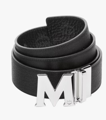 MCM Men's Claus Reversible Leather Belt Black Silver AUTHENTIC