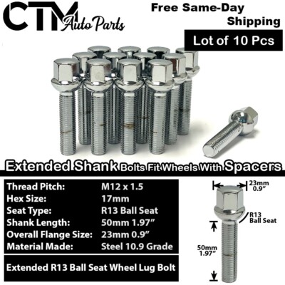 10x Chrome 12x1.5  Ball Seat Lug Bolt 50mm Shank Fit Mercedes Rim 8-12mm Spacer