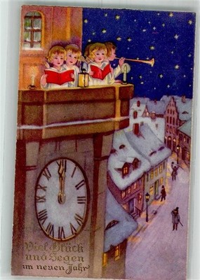 38164605 - Engel als Turmblaeser in sternenklarer Nacht Kuenstlerkarte E.A.S.
