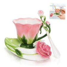 Pink Tea Cups with Saucer and Spoon, 4.5 Oz Small Ceramic Rose Flower Tea Cup