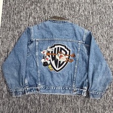 Warner Bros Denim Jacket Leather Collar Looney Tunes Patch Size M 7/8 Youth