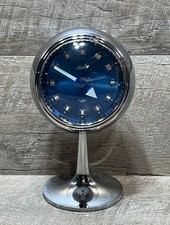 Vintage Linden Alarm Clock Japan Space Age Chrome Orb Blue Pedestal-Works GREAT!