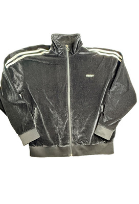 NERDY Black Velour Corduroy Track Jacket NWOT White Stripes Zip Up Streetwear L