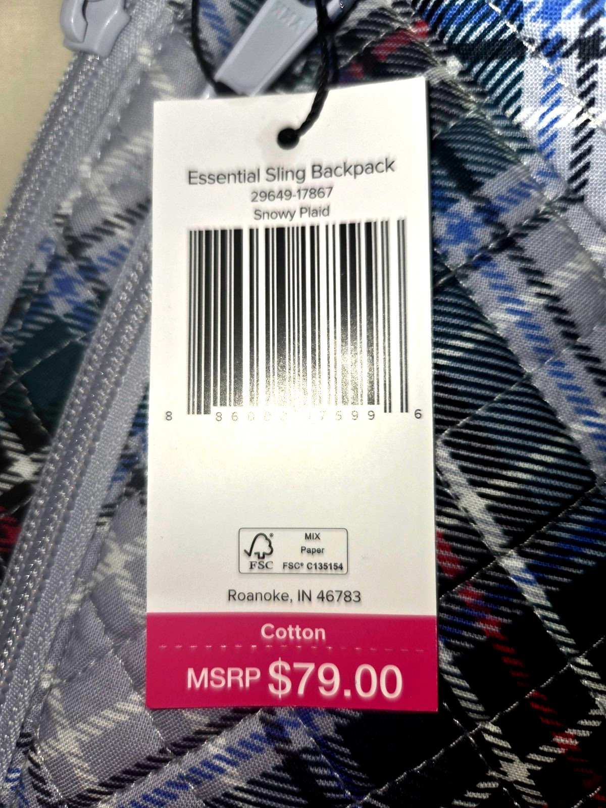 Vera Bradley, Essential Sling Backpack, "Snowy Plaid"   New with Tag, Beautiful! thumbnail 2