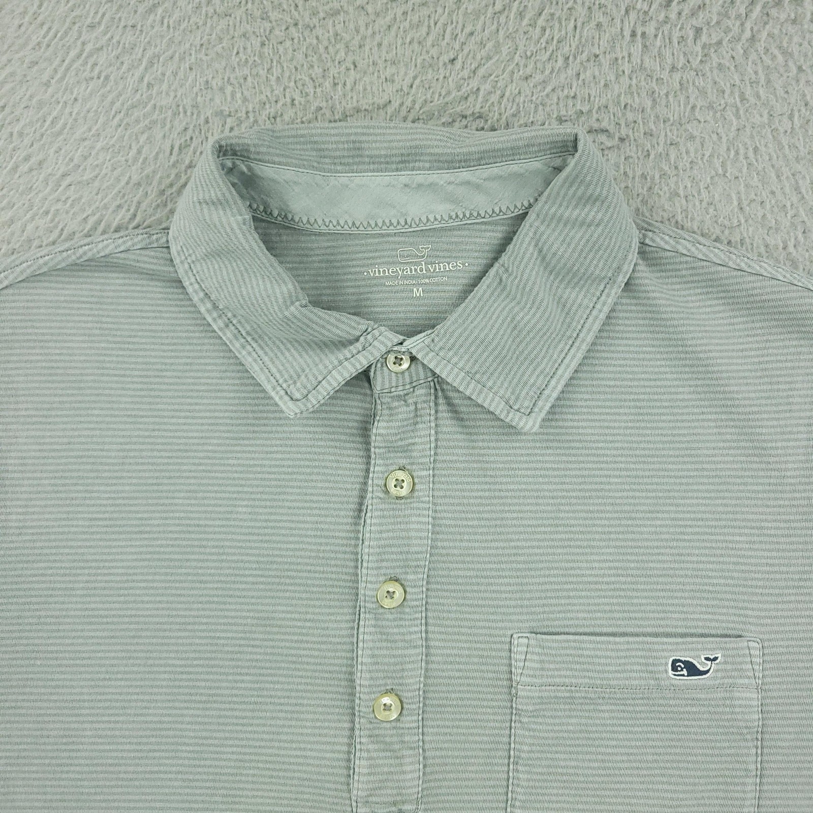 Vineyard Vines Polo Shirt Mens Medium Gray Stripe Cotton Pocket Logo Casual