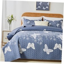 Full Queen Size Quilt Set,White Full/Queen 90"x96" Bluish Grey Butterfly