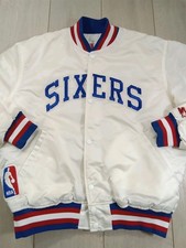 Rare VTG Starter Philadelphia 76rs Sixers NBA Bomber Jacket L White Satin Stripe