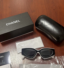 CHANEL SUNGLASSES BLACK WHITE FRAME GREY LENSES CLASSIC 6056 CAT EYE WOMEN