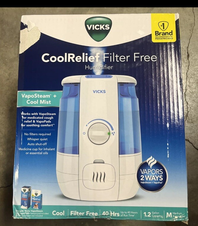 Vicks VUL600 CoolRelief Filter Free Cool Mist Humidifier White & Blue 1.2 Gallon