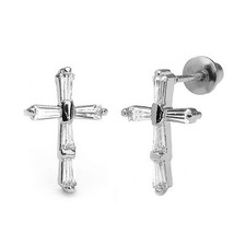 925 Sterling Silver Cross BGT CZ Stud Earrings Safe Screwback Children Kids