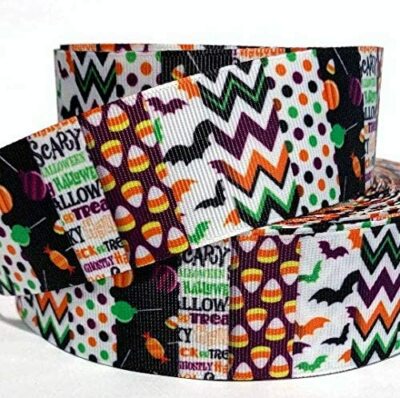 GROSGRAIN RIBBON 5/8'', 7/8'', 1.5'', 3'' Halloween Chevron Bats Candy Corn Printed