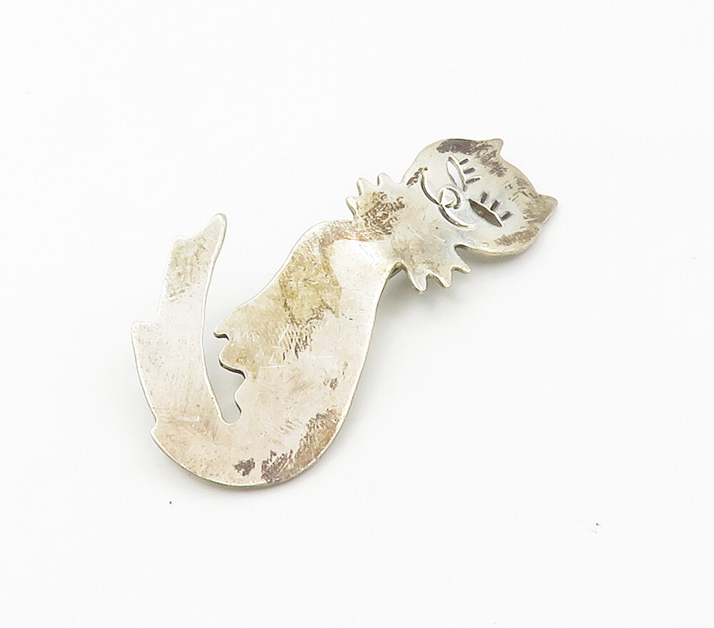 MEXICO 925 Sterling Silver Vintage Sitting Cat Cutout Eyes Brooch