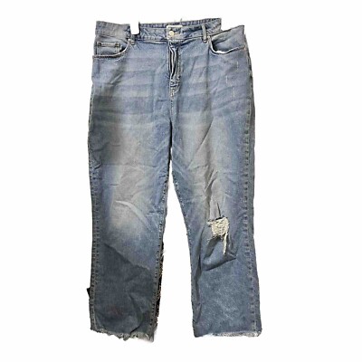 Loft Curvy Straight Crop Jeans Distressed Raw Edge High Rise Light Wash 14