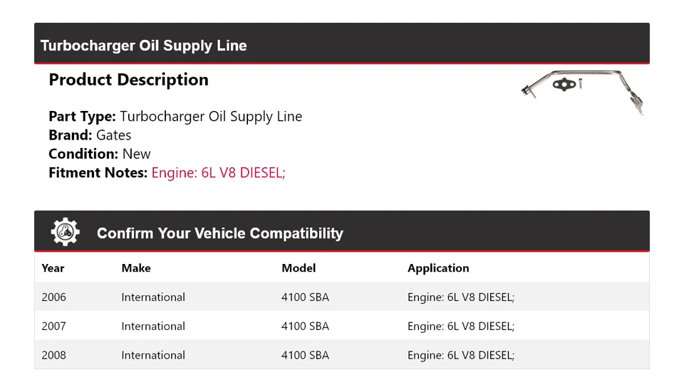 Portões de linha de fornecimento de óleo turbocompressor 2007 para 2006-2008 International 4100 SBA - Imagem 2 de 3